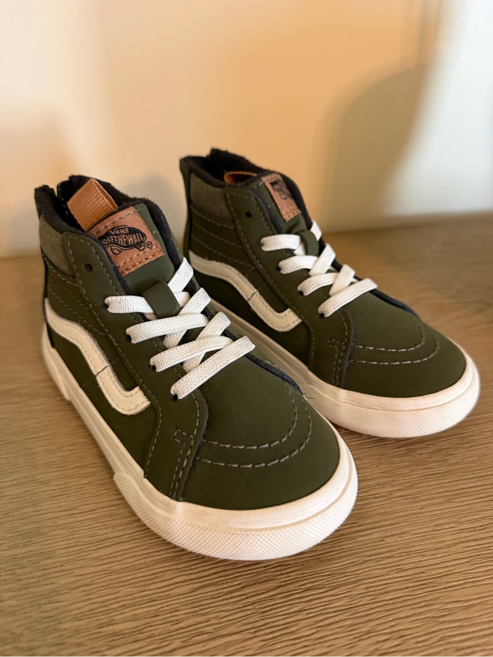 Vans Kids Olive High-Top Sneakers with White Stripe and Tan Accents